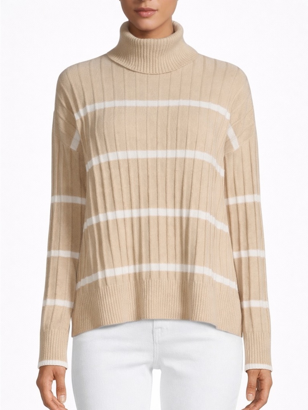 Calvin Klein Beige White Striped Turtleneck Sweater Ribbed Cozy Size L